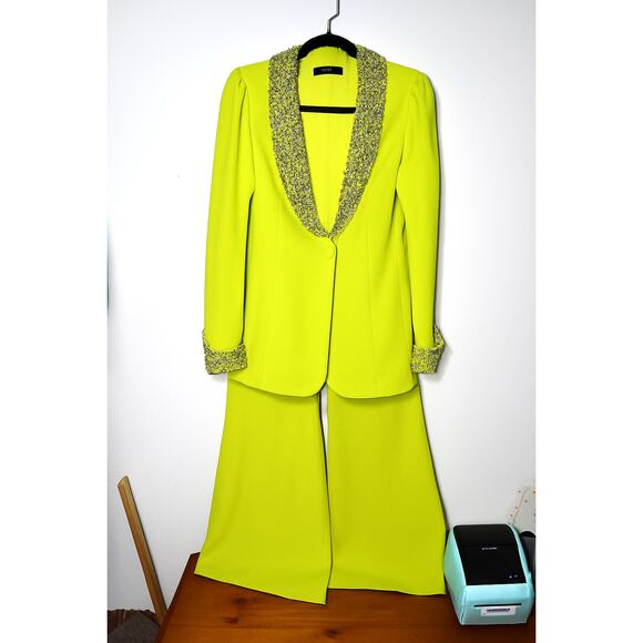 Stunning Lime Green Beaded Rhinestone Wide Pantsuit Size 40 M/L Grinch Christmas - Picture 3 of 11